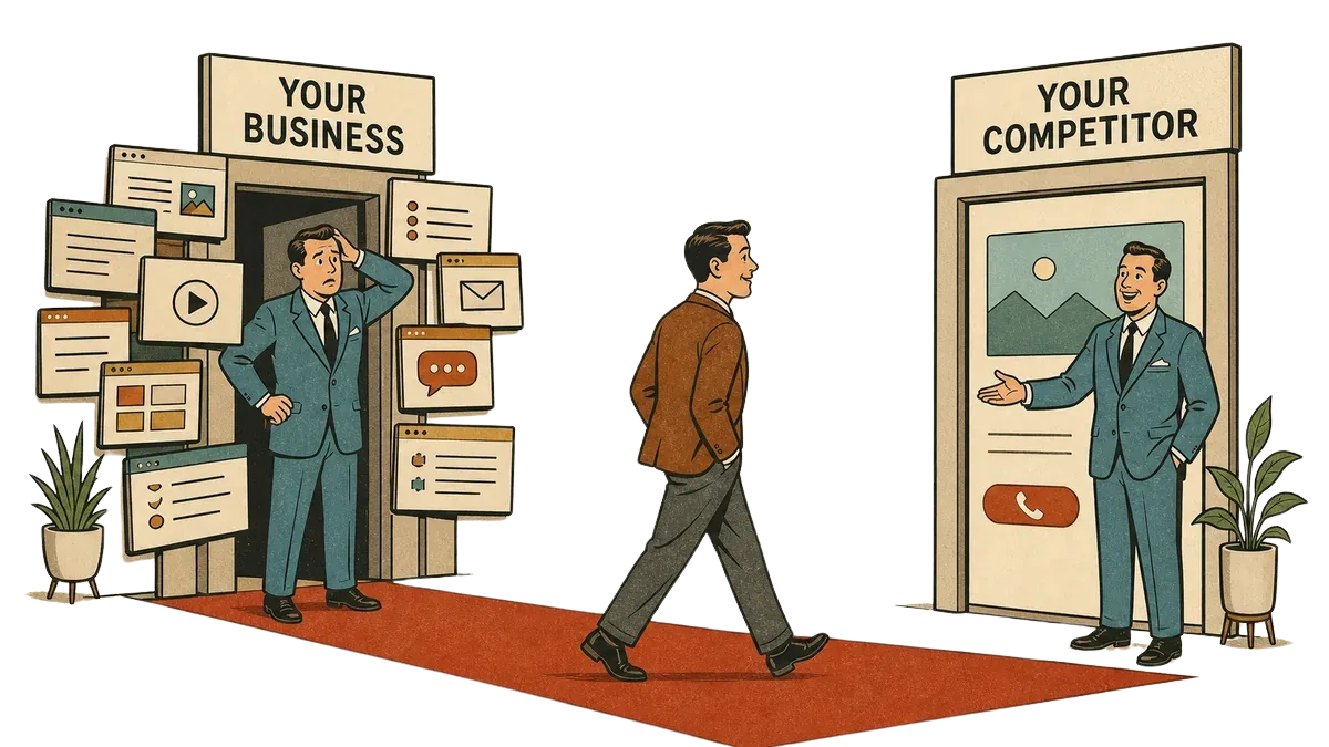 Mid-century illustration of a customer leaving your business and walking to a competitor